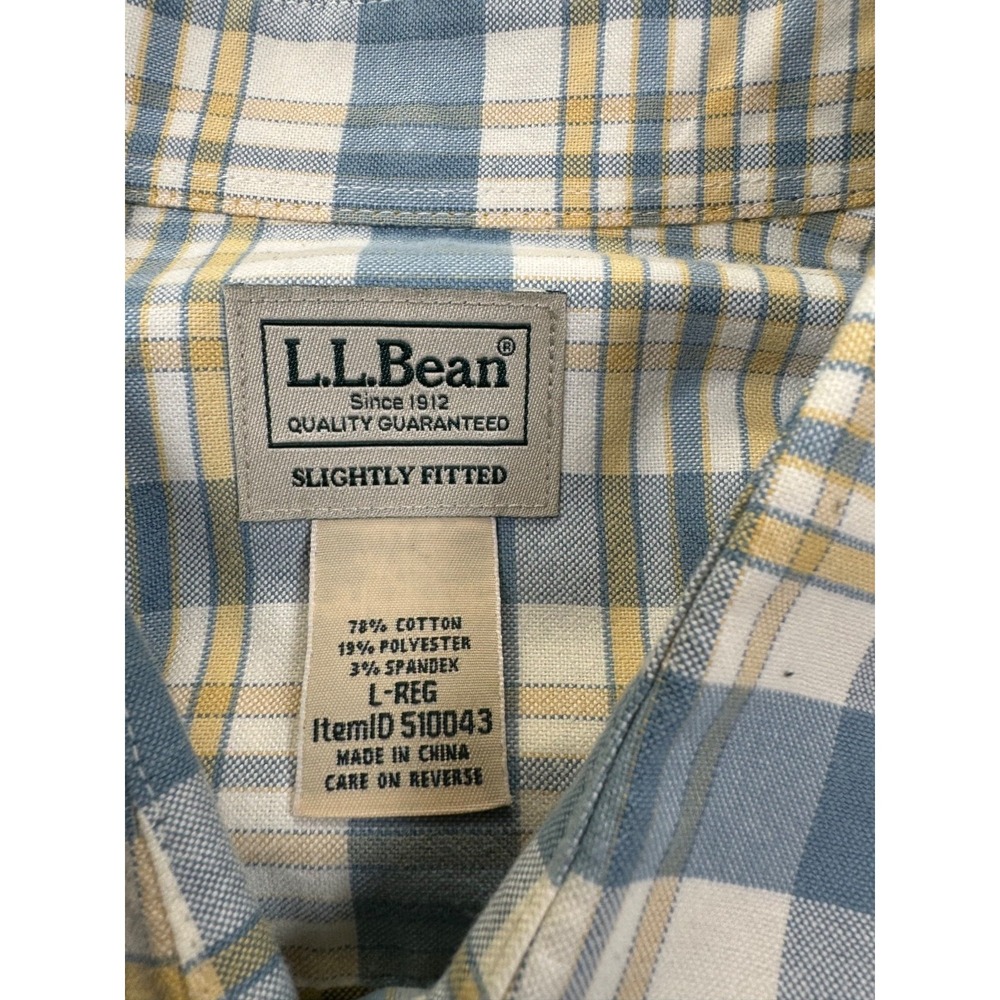 L.L.Bean Slightly Fitted Plaid Stretch Shirt Mens L Blue Yellow Long Sleeve 3241 - Picture 2 of 5